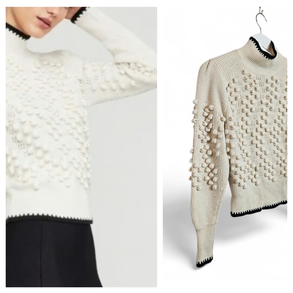 BCBGMAXAZRIA Sweater XS Popcorn Stitch Turtleneck Merino Wool Pointelle Ivory